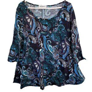 Nandashe Womens Paisley Tunic Top 2XL 3/4 Sleeve Blue Purple Stretch Flowy Boho